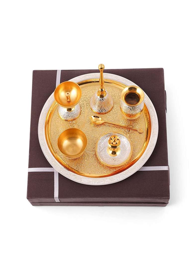 Brass Globe Pooja Thali Set with Box Golden Tone Pooja Thali Set Pack of 7 - Indya