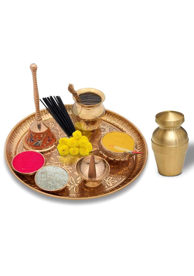Crafty Essentials Golden Brass Pooja Items Pooja Thali Pieces Traditional Pital Pooja Articles Set of 9 - Indya