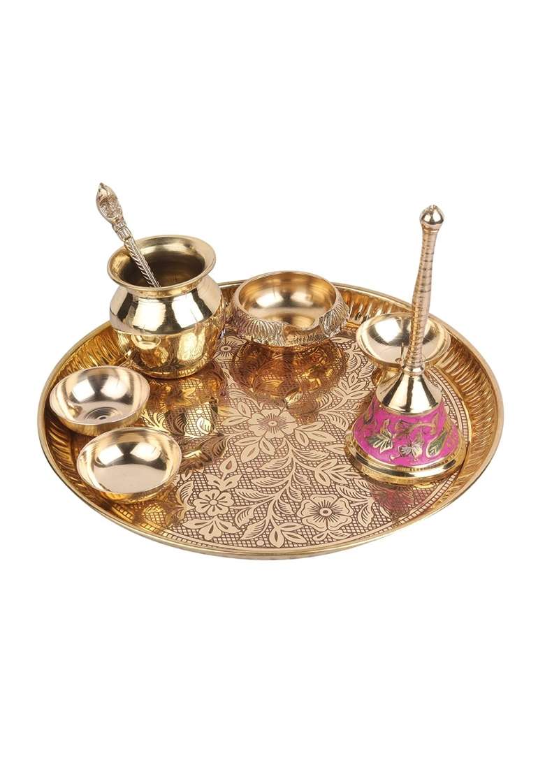 Crafty Essentials Golden Brass Pooja Items Pooja Thali Pieces Traditional Pital Pooja Articles Set of 9 - Indya