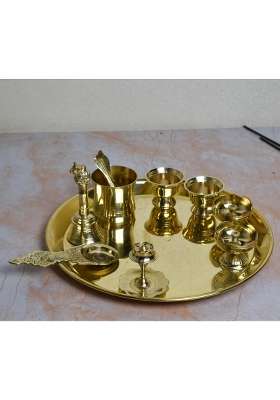Neetu Arts Gold Brass Pooja Thali Set Floral Design Plate with 2 Diyas 2 Kumkum Bowls Agarbatti Stand