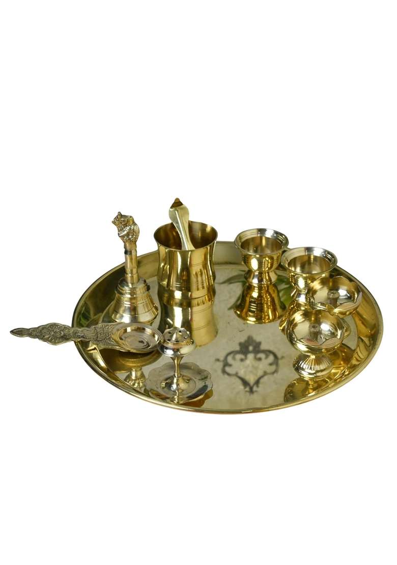 Neetu Arts Gold Brass Pooja Thali Set Floral Design Plate with 2 Diyas 2 Kumkum Bowls Agarbatti Stand - Indya