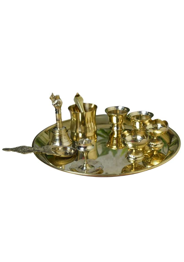 Neetu Arts Gold Brass Pooja Thali Set Floral Design Plate with 2 Diyas 2 Kumkum Bowls Agarbatti Stand - Indya