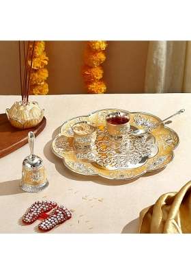 NM Brass Pooja Thali Set Gold and Silver Tone Decorative Floral Design with Bowls Spoon and Bell
