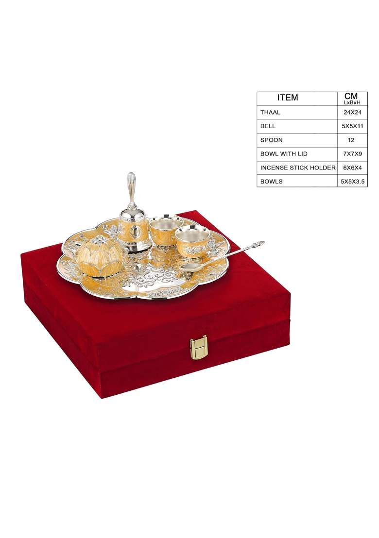 NM Brass Pooja Thali Set Gold and Silver Tone Decorative Floral Design with Bowls Spoon and Bell - Indya
