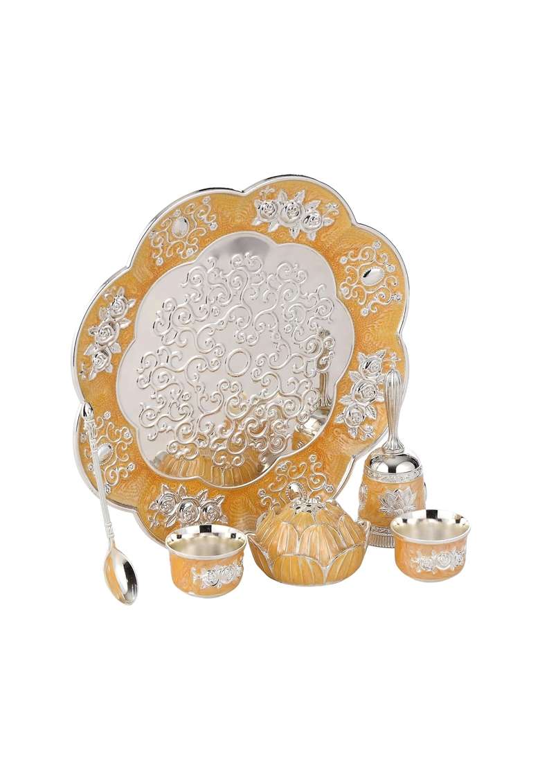 NM Brass Pooja Thali Set Gold and Silver Tone Decorative Floral Design with Bowls Spoon and Bell - Indya