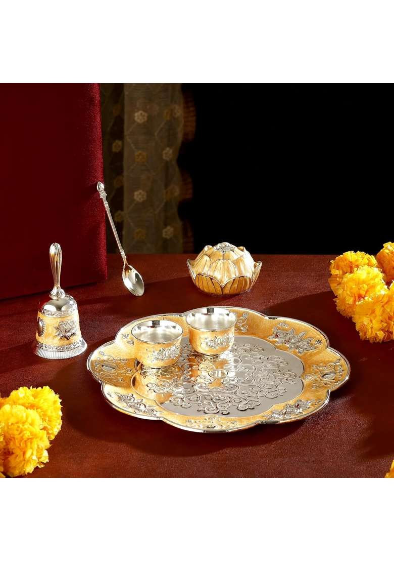 NM Brass Pooja Thali Set Gold and Silver Tone Decorative Floral Design with Bowls Spoon and Bell - Indya