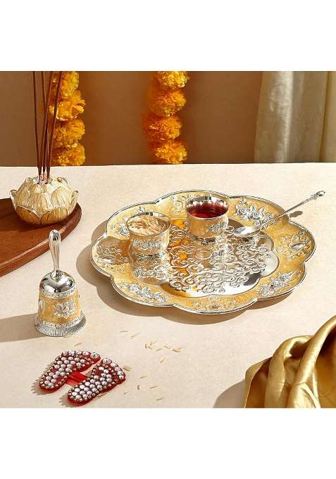 NM Brass Pooja Thali Set Gold and Silver Tone Decorative Floral Design with Bowls Spoon and Bell