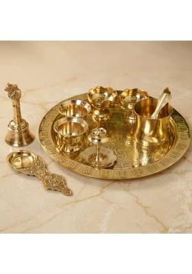 Neetu Arts Gold Pooja Thali Set Includes Plate Diyas Kumkum Bowls Agarbatti Stand Panchpatra