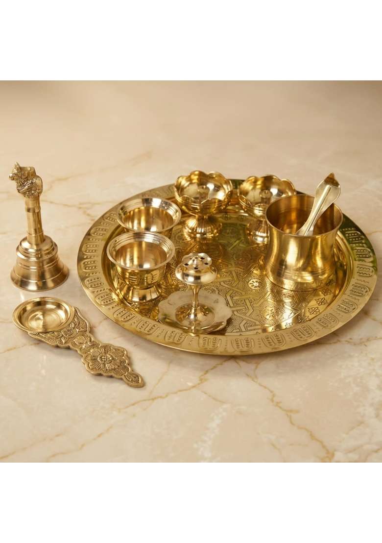 Neetu Arts Gold Pooja Thali Set Includes Plate Diyas Kumkum Bowls Agarbatti Stand Panchpatra - Indya