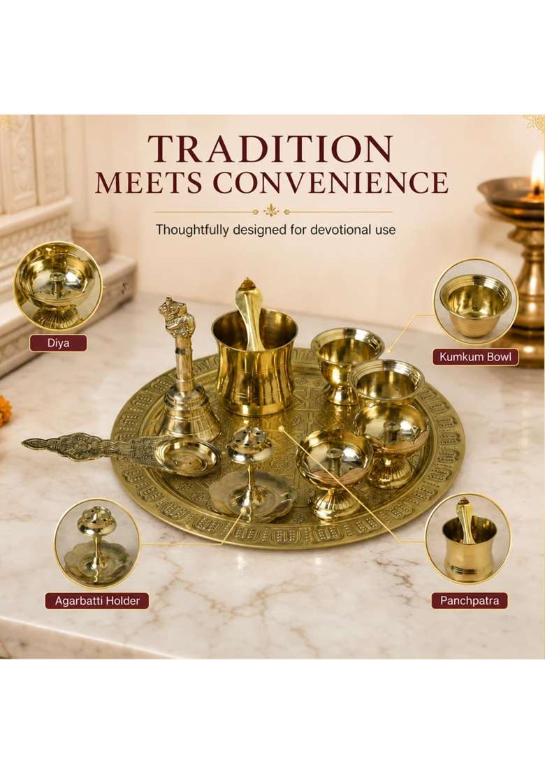 Neetu Arts Gold Pooja Thali Set Includes Plate Diyas Kumkum Bowls Agarbatti Stand Panchpatra - Indya