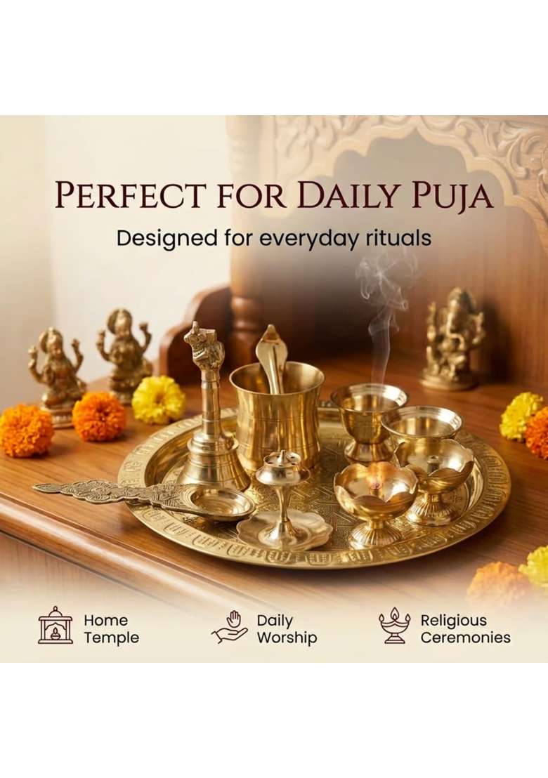 Neetu Arts Gold Pooja Thali Set Includes Plate Diyas Kumkum Bowls Agarbatti Stand Panchpatra - Indya