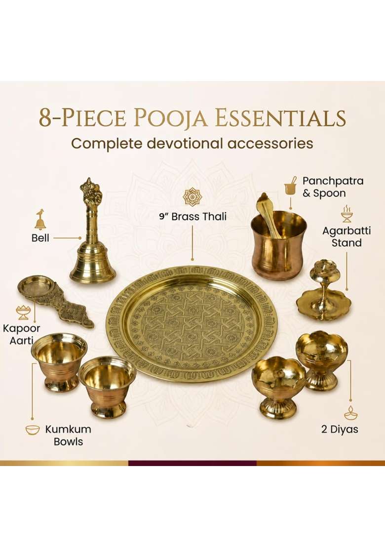 Neetu Arts Gold Pooja Thali Set Includes Plate Diyas Kumkum Bowls Agarbatti Stand Panchpatra - Indya
