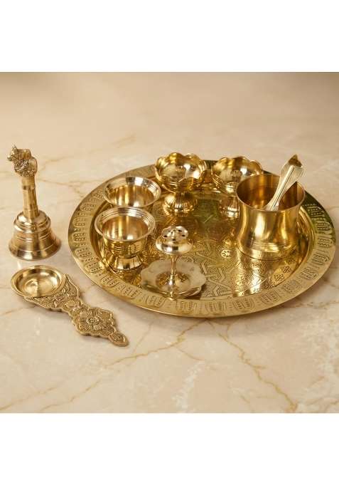 Neetu Arts Gold Pooja Thali Set Includes Plate Diyas Kumkum Bowls Agarbatti Stand Panchpatra