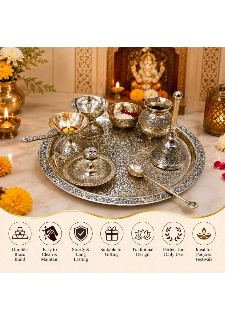 Aanya Home Craft Gold Aanaya Homecraft Brass Aarti Thali Set for Pooja Traditional Puja Set with Plate Diya - Indya