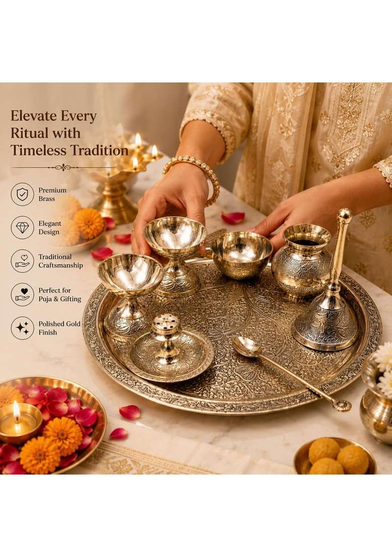 Aanya Home Craft Gold Aanaya Homecraft Brass Aarti Thali Set for Pooja Traditional Puja Set with Plate Diya - Indya