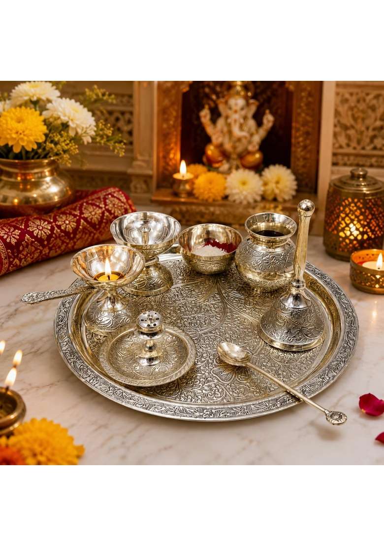 Aanya Home Craft Gold Aanaya Homecraft Brass Aarti Thali Set for Pooja Traditional Puja Set with Plate Diya - Indya