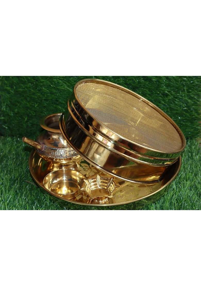 Choice One Artisanal Brass Pooja Ideal for Rituals and Gifting Golden Thali 9 Inch Lota 3 and Half Inch Diya - Indya