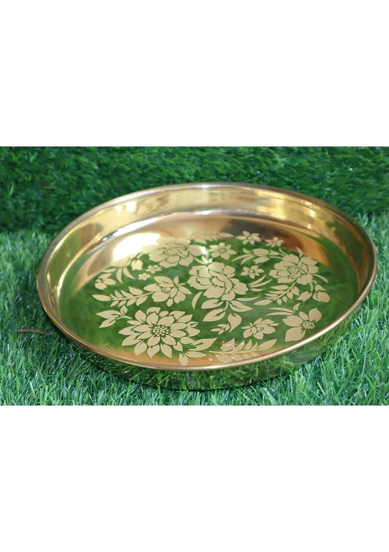 Choice One Artisanal Brass Pooja Ideal for Rituals and Gifting Golden Thali 9 Inch Lota 3 and Half Inch Diya - Indya