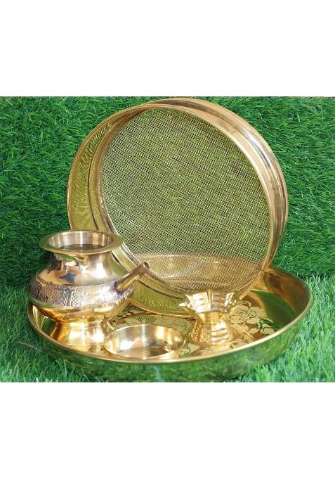 Choice One Artisanal Brass Pooja Ideal for Rituals and Gifting Golden Thali 9 Inch Lota 3 and Half Inch Diya