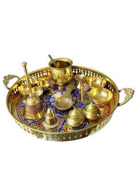 RM Metals Gold Pure Brass Pooja Thali Set 12 Inch Traditional Puja Plate Set of 10