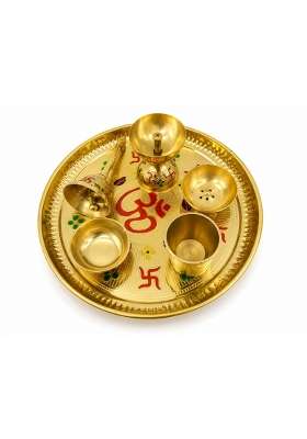 KHR Gold Brass Pooja Thali Set for Home and Temple 9 Inch