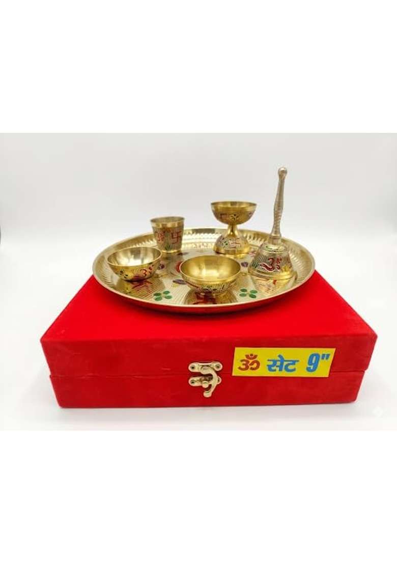 KHR Gold Brass Pooja Thali Set for Home and Temple 9 Inch - Indya