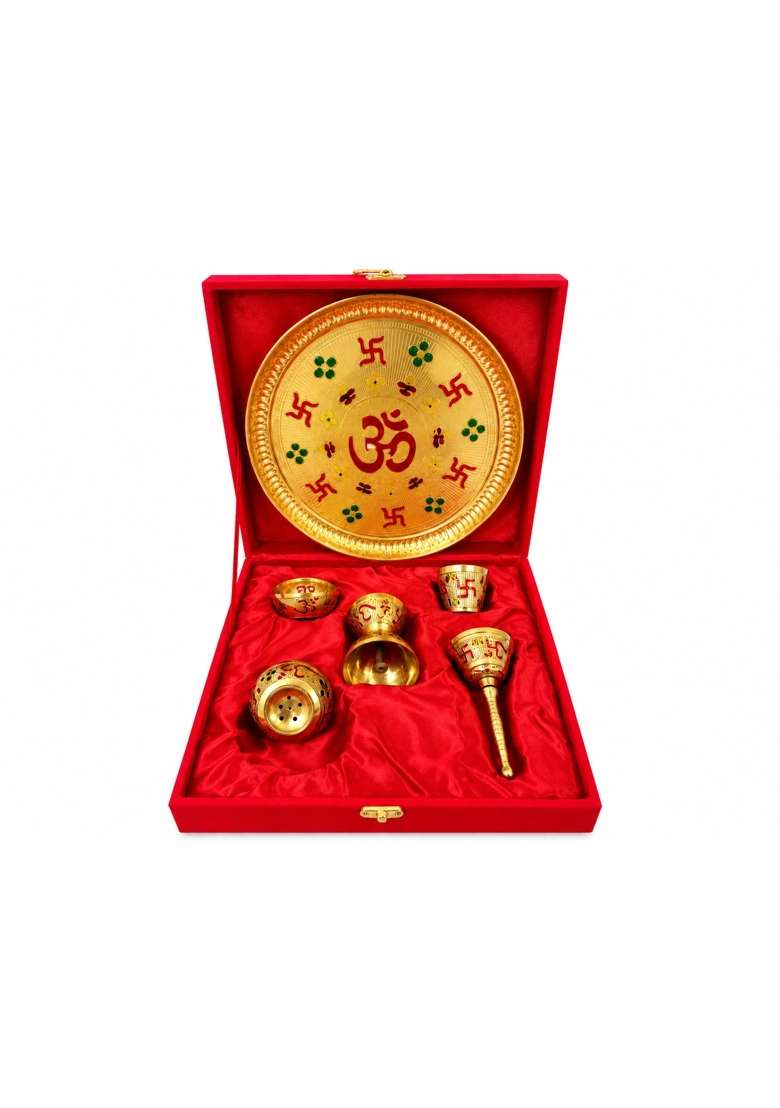 KHR Gold Brass Pooja Thali Set for Home and Temple 9 Inch - Indya