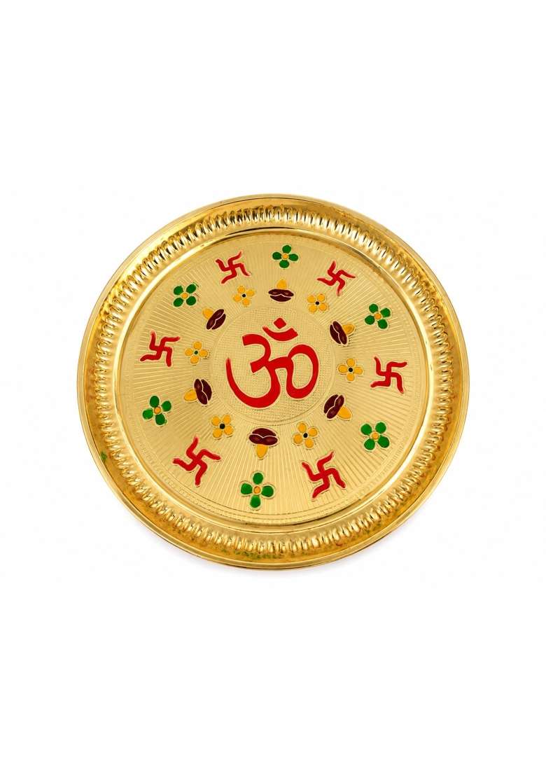 KHR Gold Brass Pooja Thali Set for Home and Temple 9 Inch - Indya