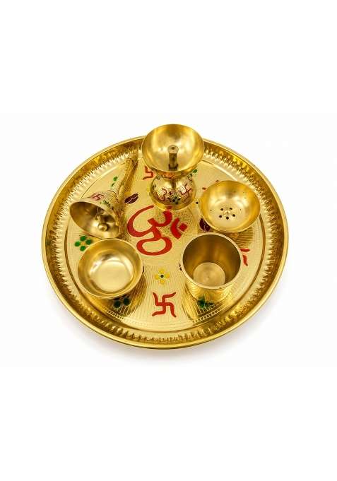 KHR Gold Brass Pooja Thali Set for Home and Temple 9 Inch