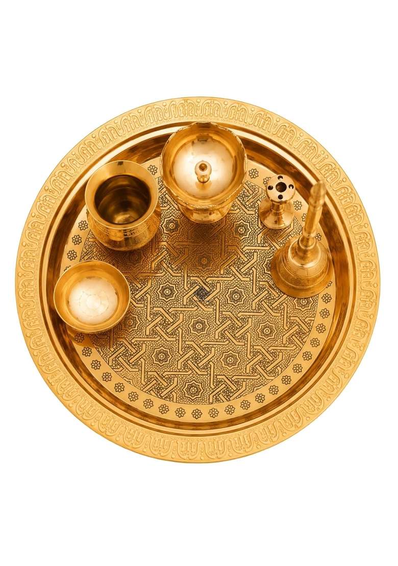 Indian ART Villa Pure Brass Pooja Thali Set with Embossed Design Religious Spiritual Item Home Temple 5 Inches - Indya
