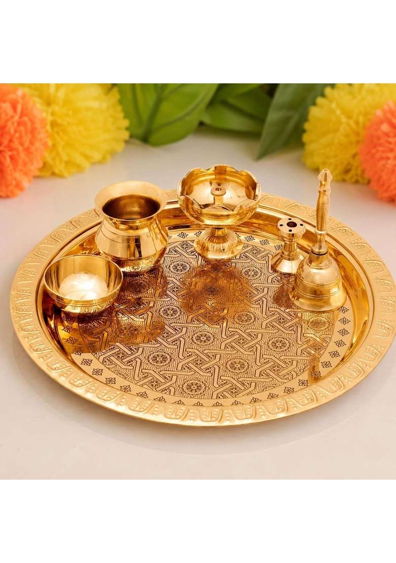 Indian ART Villa Pure Brass Pooja Thali Set with Embossed Design Religious Spiritual Item Home Temple 5 Inches - Indya