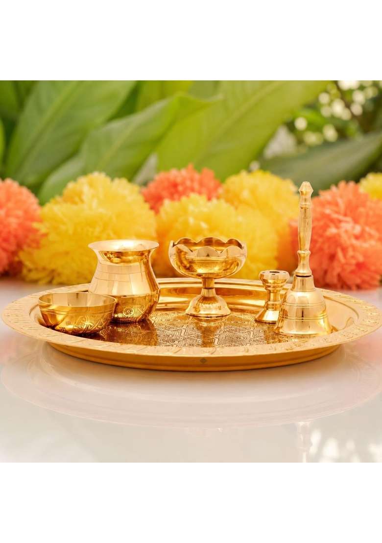 Indian ART Villa Pure Brass Pooja Thali Set with Embossed Design Religious Spiritual Item Home Temple 5 Inches - Indya