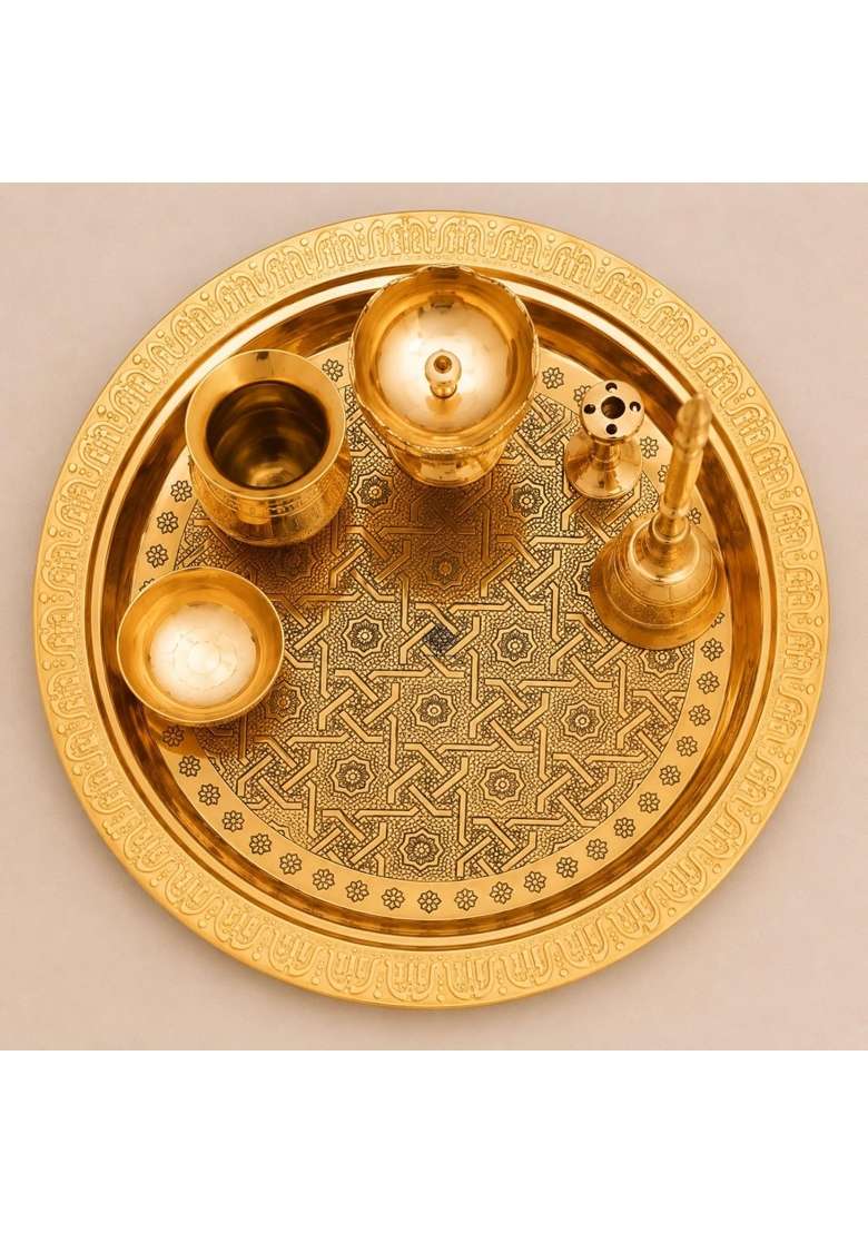 Indian ART Villa Pure Brass Pooja Thali Set with Embossed Design Religious Spiritual Item Home Temple 5 Inches - Indya