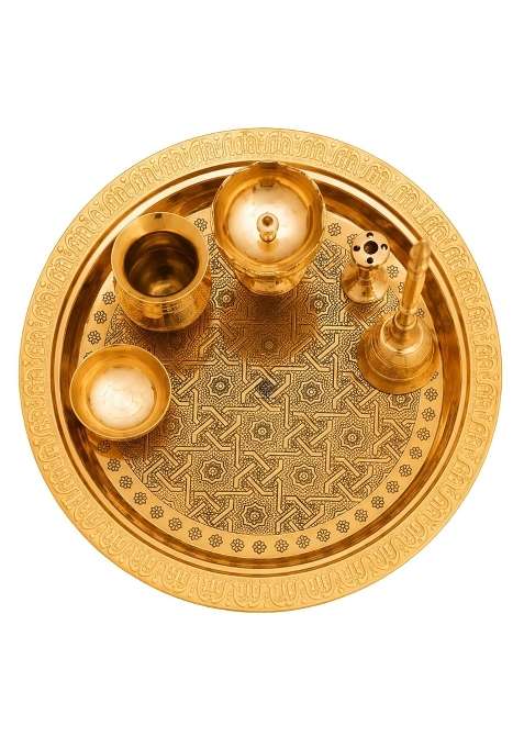 Indian ART Villa Pure Brass Pooja Thali Set with Embossed Design Religious Spiritual Item Home Temple 5 Inches