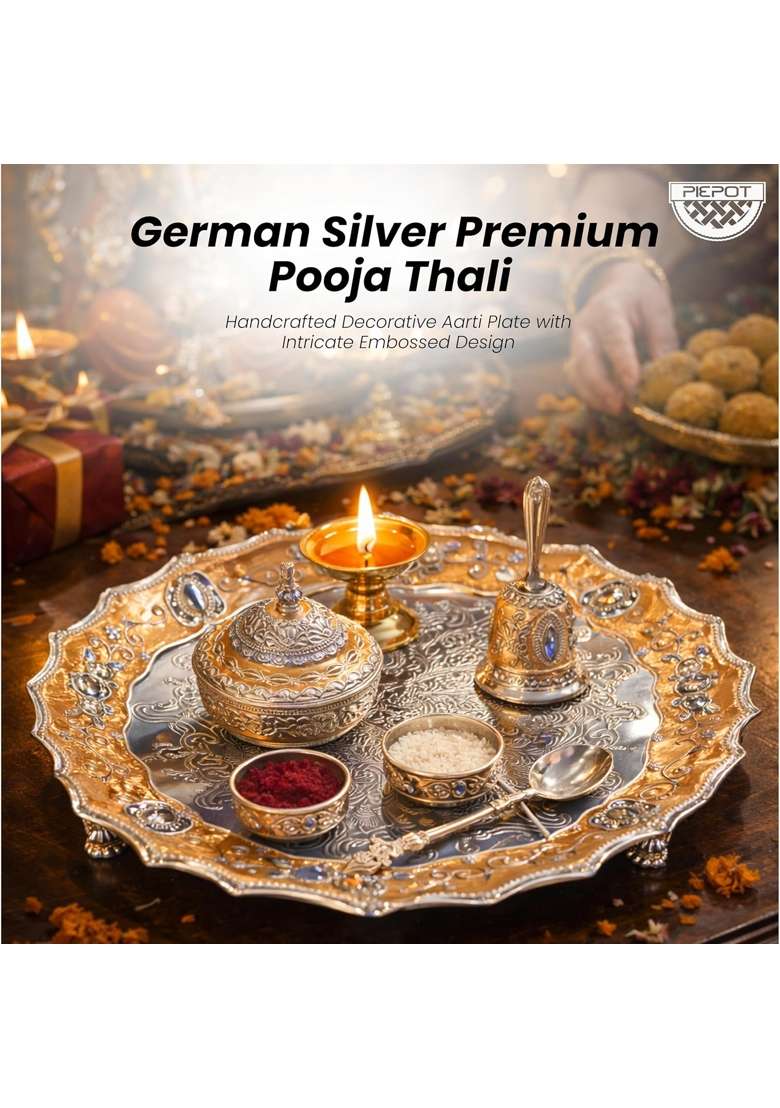 Piepot German Silver Pooja Thali Hindu Prayer and Aarti Worship Set Set of 7 - Indya