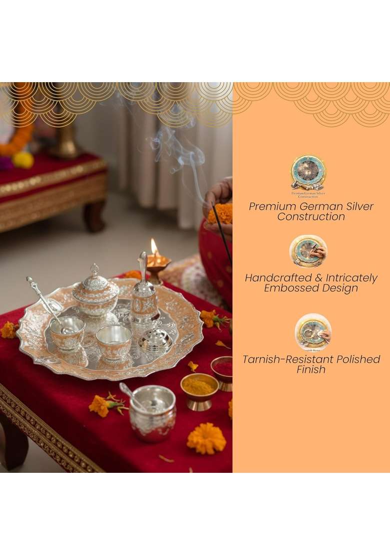 Piepot German Silver Pooja Thali Hindu Prayer and Aarti Worship Set Set of 7 - Indya