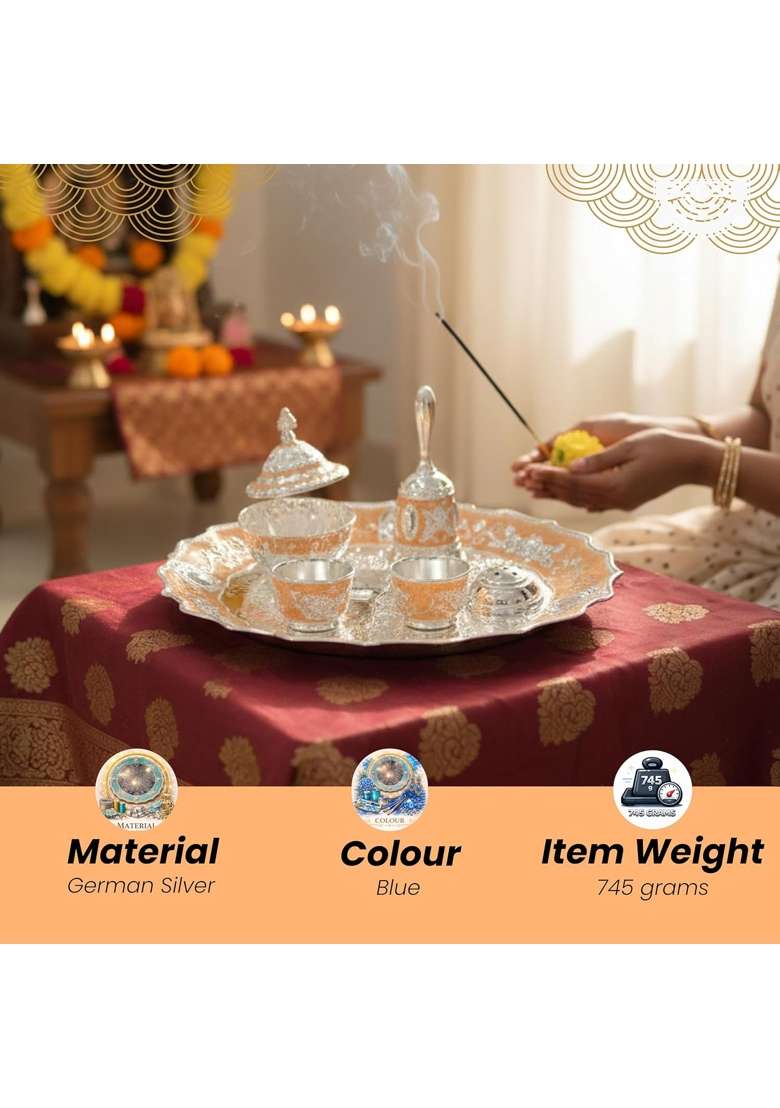 Piepot German Silver Pooja Thali Hindu Prayer and Aarti Worship Set Set of 7 - Indya