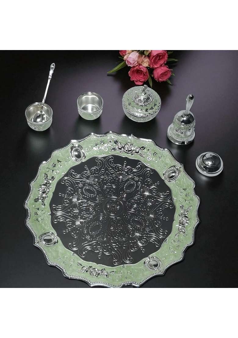 Decovate German Silver Premium Pooja Thali Handcrafted Decorative Aarti Plate with Intricate Embossed Design - Indya