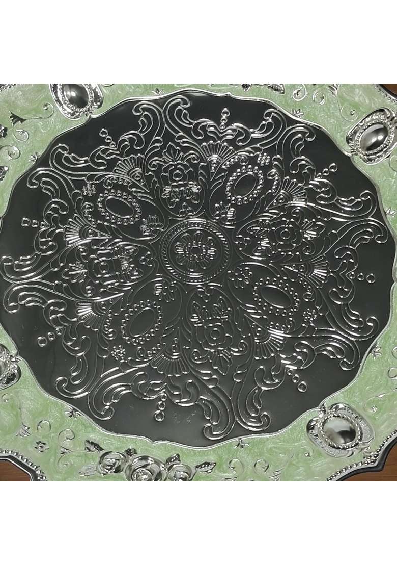 Decovate German Silver Premium Pooja Thali Handcrafted Decorative Aarti Plate with Intricate Embossed Design - Indya