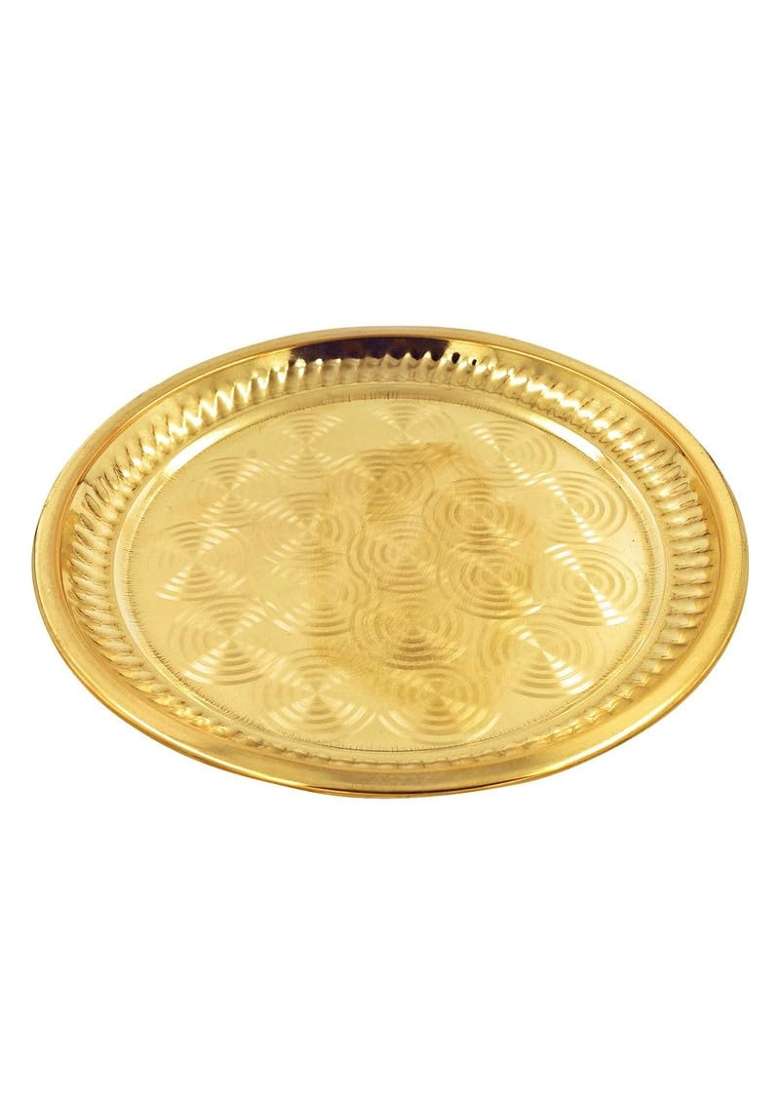 Bhakti Shringar Gold Embossed Design Pure Brass Pooja Plate Thali for Puja Aarti - Indya