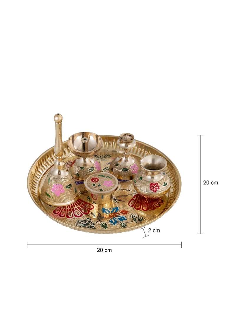 Decowill Gold Brass Pooja Thali Set 8 Pooja Thali for Diwali Navratri - Indya