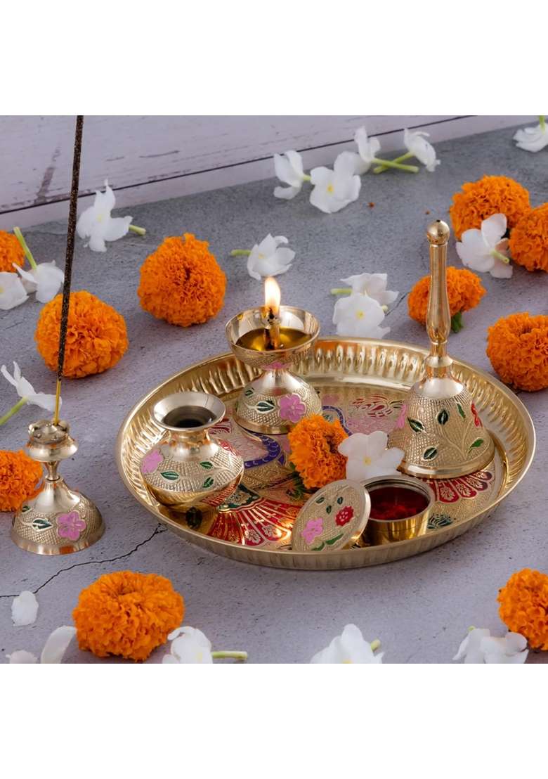 Decowill Gold Brass Pooja Thali Set 8 Pooja Thali for Diwali Navratri - Indya