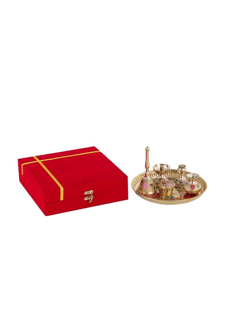 Decowill Gold Brass Pooja Thali Set 8 Pooja Thali for Diwali Navratri - Indya