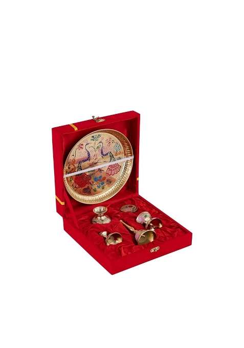 Decowill Gold Brass Pooja Thali Set 8 Pooja Thali for Diwali Navratri