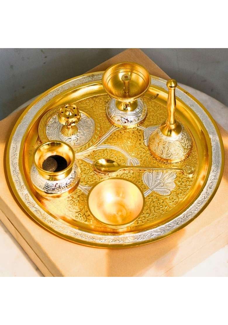 Kalico Brass Pooja Thali Set Gold and Silver Engraved Design Traditional Worship Plate with Accessories - Indya