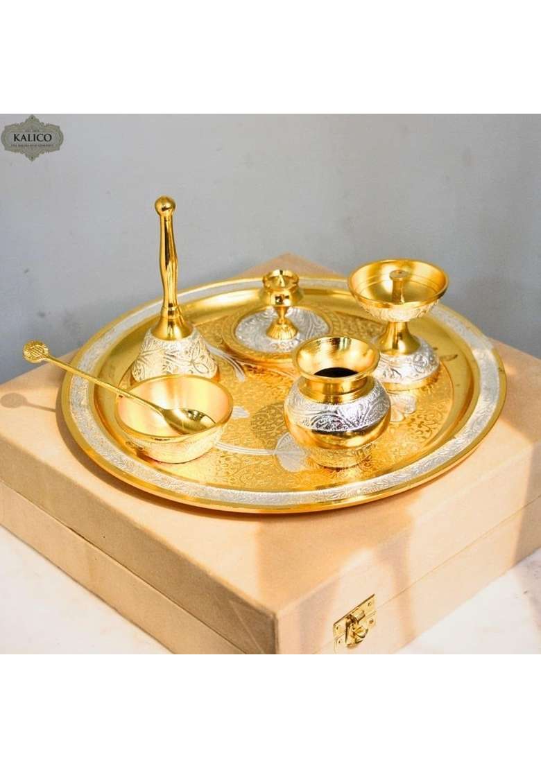 Kalico Brass Pooja Thali Set Gold and Silver Engraved Design Traditional Worship Plate with Accessories - Indya