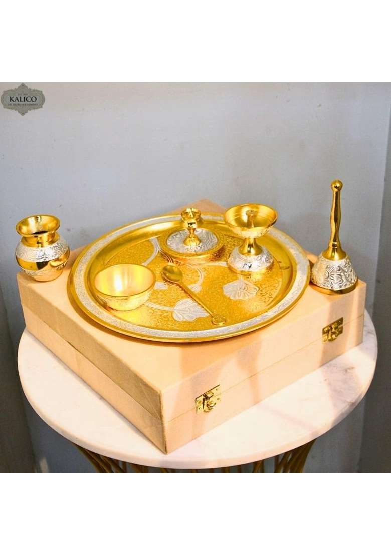 Kalico Brass Pooja Thali Set Gold and Silver Engraved Design Traditional Worship Plate with Accessories - Indya