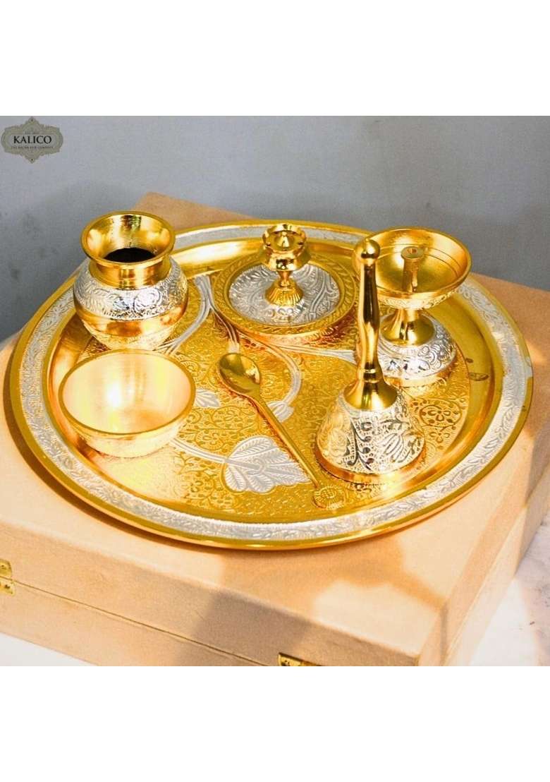 Kalico Brass Pooja Thali Set Gold and Silver Engraved Design Traditional Worship Plate with Accessories - Indya
