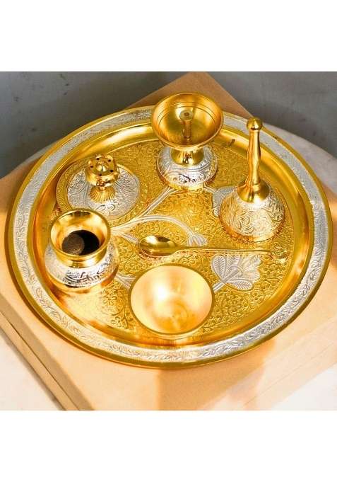 Kalico Brass Pooja Thali Set Gold and Silver Engraved Design Traditional Worship Plate with Accessories