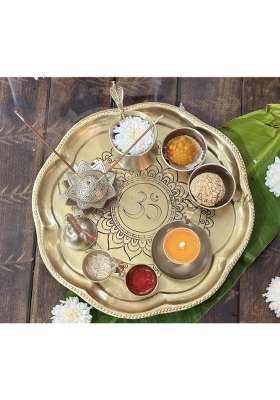 PURI Bartanwala Gold Om Sanatan Brass Pital Pooja Thali Pcs Set of 9